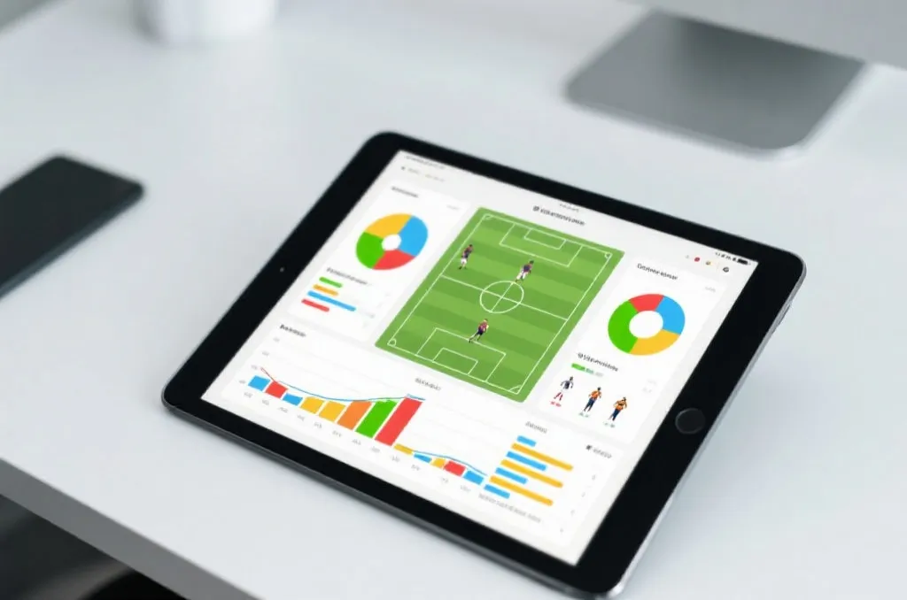 A tablet displaying colorful soccer match statistical graphs and player performance charts, clean modern workspace