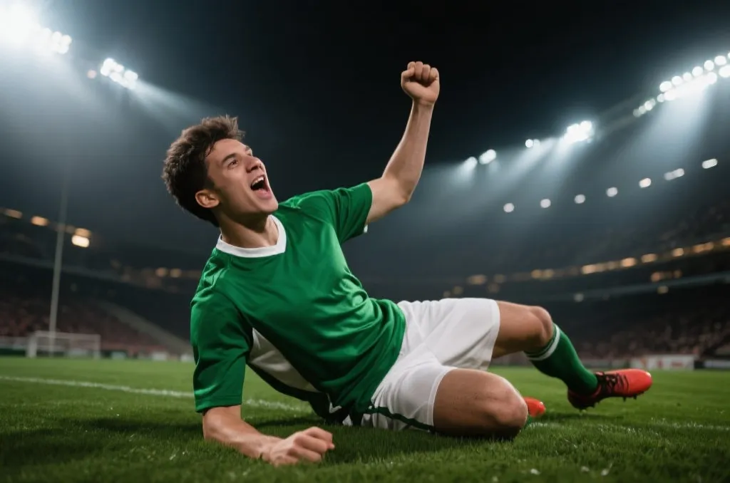 A close-up shot of a football player in a green jersey sliding on grass in celebration, stadium lights in the background, professional sports photography