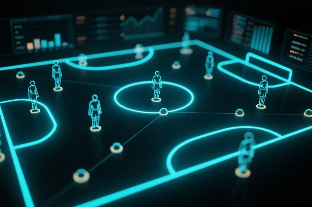 An abstract visualization of football data analytics, glowing tactical lines and player nodes on a dark digital field, modern technology aesthetic