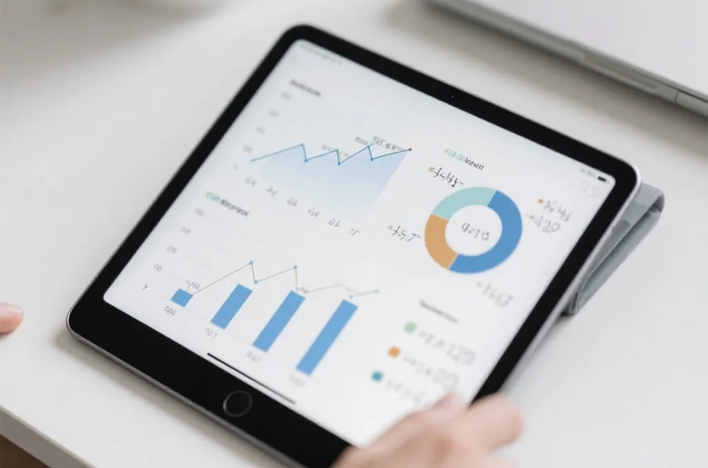 An editorial close-up of a tablet displaying clean financial charts, data graphs, and mathematical formulas, minimalist workspace background